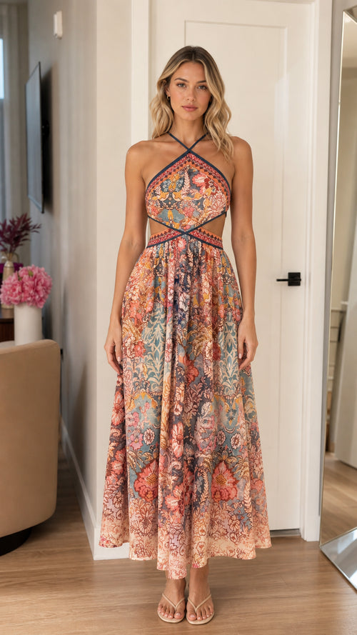 Front view of the boho halter neck cutout print maxi dress in multi