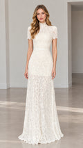 Front full-length view of model wearing ivory high-neck floral lace maxi dress