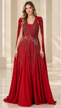 Front view of red beaded evening gown with floor-length cape sleeves and 3D floral shoulders