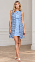 Front view of model wearing Sky Blue geometric jacquard sleeveless layered shift mini dress