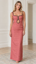 Dusty rose textured column maxi dress with beaded keyhole cutout front view