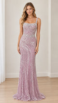 Front view of woman wearing Dusty Lilac square neck beaded sequin evening gown