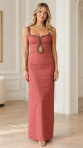 Front view of model wearing Rose Pink braided trim cutout column maxi dress