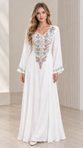 White embroidered V-neck bell sleeve maxi dress front view