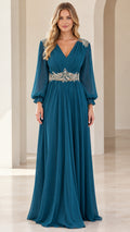 Front view of woman wearing teal blue V-neck chiffon evening gown with beaded waist and lantern sleeves
