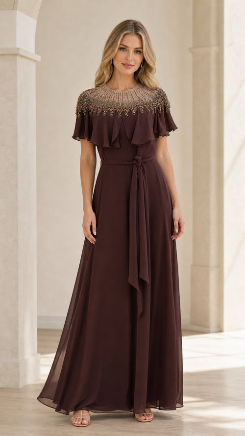 Front view of brown beaded capelet maxi dress