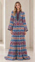 Full front view of blue boho ikat print long sleeve maxi dress with beaded neckline