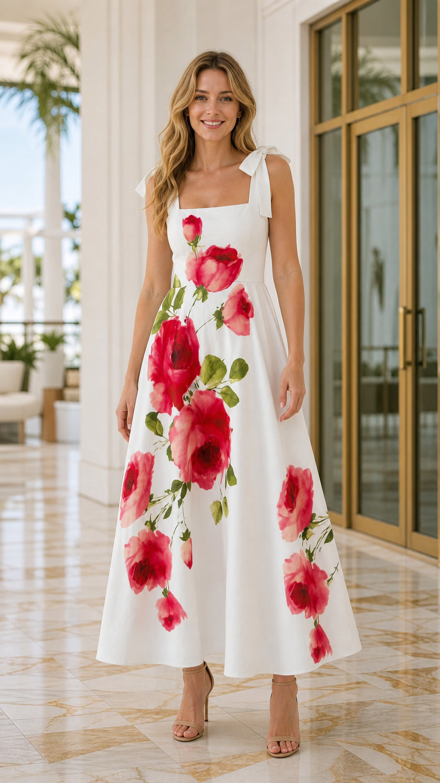 Front view of woman wearing white floral maxi dress with tie straps