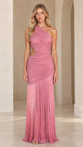 Front view of model wearing Dusty Rose one-shoulder ruched cutout maxi dress