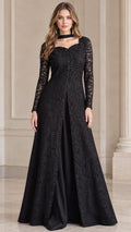 Front full view of black beaded lace overlay evening gown with sheer long sleeves
