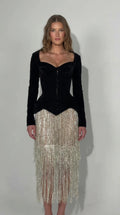 Sweetheart velvet corset long sleeve dress with sequin fringe skirt in black front view
