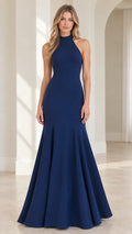 Front view of model wearing Navy Blue halter neck mermaid evening gown