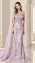 Front view of lavender sequined mermaid evening gown with cape sleeves