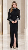 Front view of black rhinestone high neck bishop sleeve formal maxi gown
