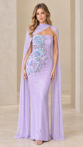 Front view of lavender floor-length evening gown with 3D floral appliqué and attached sheer cape
