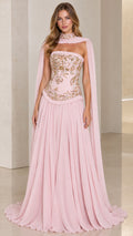 Blush pink strapless embellished corset evening gown with sheer choker cape front view
