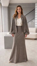 Women's embroidered jacket and maxi skirt two-piece set in taupe front view