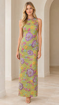 Front view of woman wearing floral embroidered sleeveless maxi dress in sage green
