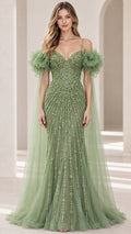 Full front view of sage green beaded sweetheart evening gown with ruffled cape sleeves