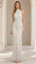 Front view of model wearing Sage Green 3D floral applique halter neck maxi evening gown