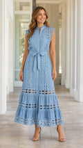 Front view of model wearing Light Blue eyelet lace midi dress