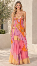 Front view of model wearing Sunset Multi tiered ruffle embroidered maxi evening dress