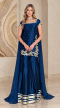 Royal blue embroidered tunic and sharara pants set with matching cape drape