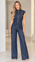 Front full view of woman wearing Navy Blue zip-front military vest and wide leg pants set