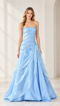 Full front view of strapless beaded sky blue A-line evening gown