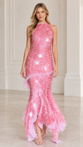 Front view of model wearing pink halter neck textured petal mermaid maxi gown