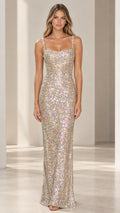 Champagne square neck sequin maxi evening gown front view