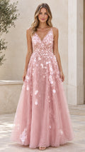 Blush pink V-neck tulle evening gown with 3D floral petal appliqués full front view