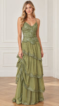 Front view of olive green spaghetti strap tiered maxi gown with embroidered bodice