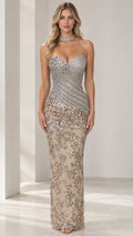 Champagne Silver strapless beaded evening gown with ruched bodice front view