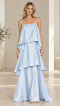 Model wearing light blue tiered cami maxi dress front view