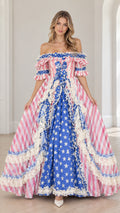 Front view of model wearing pink and blue star and stripe off-the-shoulder Victorian ball gown