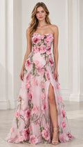 Front view of model wearing Blush Pink strapless 3D floral applique corset evening gown with slit