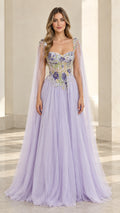 Full front view of lavender floral embroidered tulle evening gown with cape sleeves