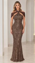 Front view of woman wearing Mocha Halter Neck Sequin Lace Mermaid Evening Gown