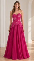 Fuchsia pink strapless sweetheart floral appliqué A-line evening gown front view