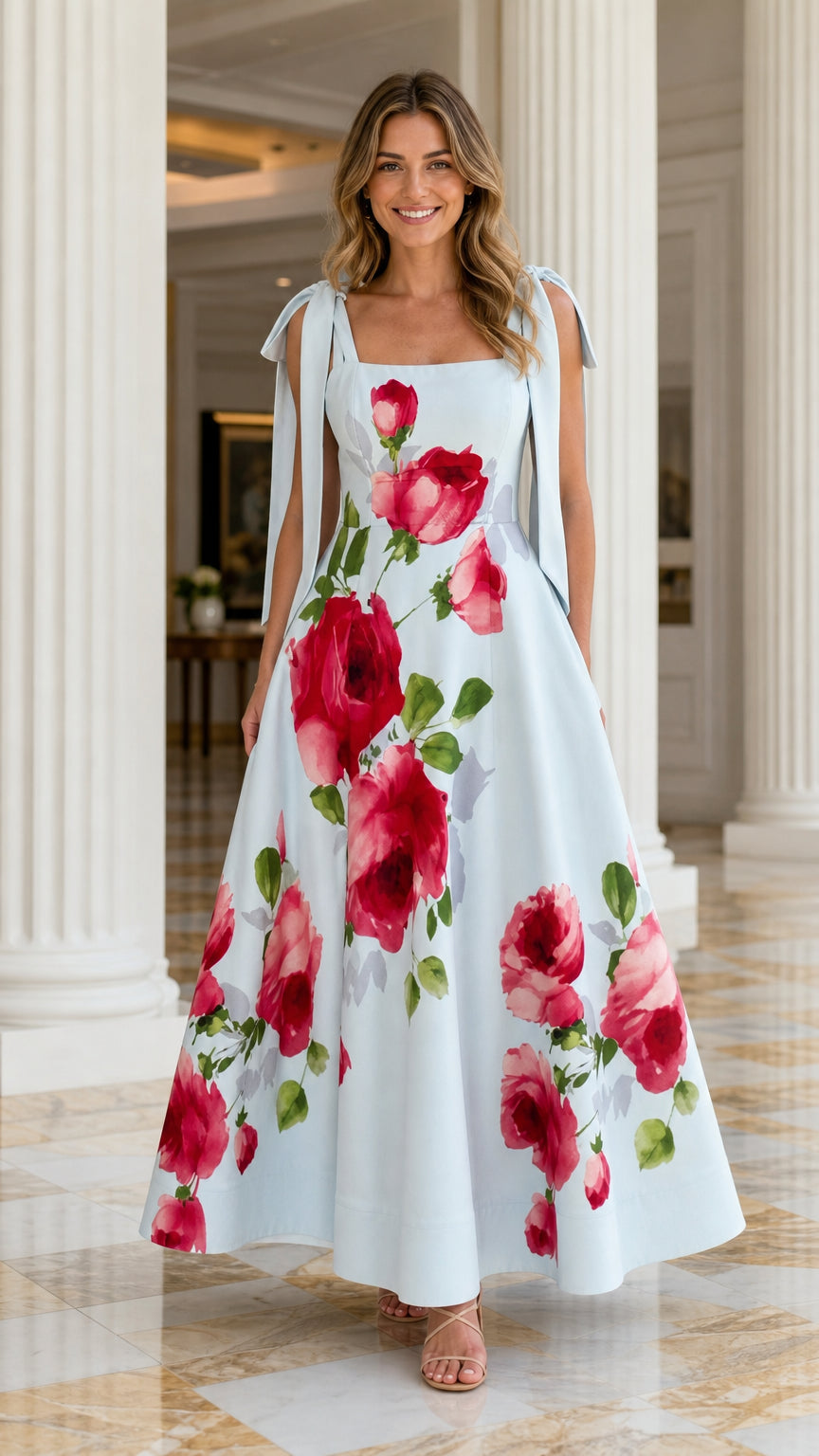Front view of light blue floral tie-strap maxi dress on model