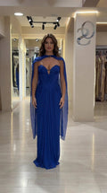 Royal Blue Pleated Chiffon Cape Evening Gown Front View
