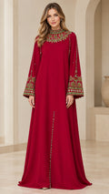 Full front view of Ruby Red embroidered high neck maxi kaftan dress with flared sleeves