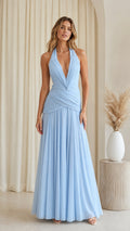 Front full view of light blue halter plunging ruched pleated maxi evening dress