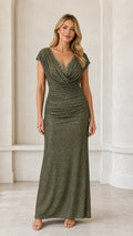 Front view of olive green shimmer cowl neck maxi dress with rhinestone detailing
