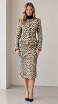 Full front view of beige speckled peplum jacket and midi pencil skirt set