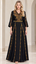Front full view of black embroidered V-neck maxi dress with gold detailing