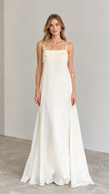 Ivory pearl strap maxi slip dress front view