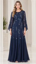 Front view of model wearing Navy Blue embroidered sequin bell sleeve chiffon maxi evening gown