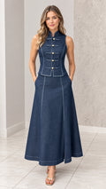 Front full-length view of woman wearing dark blue mandarin collar vest and maxi skirt set